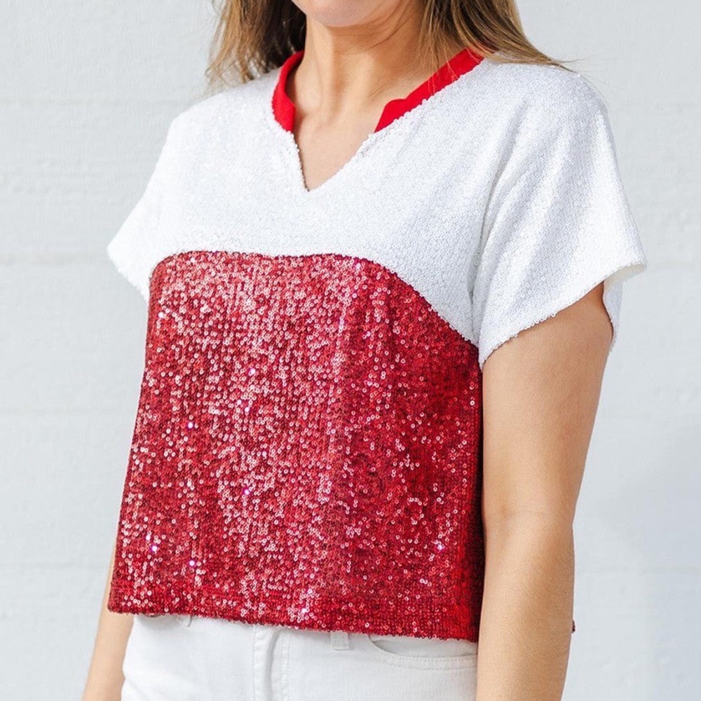 Mary Square Diane Crimson and White Sequin Top